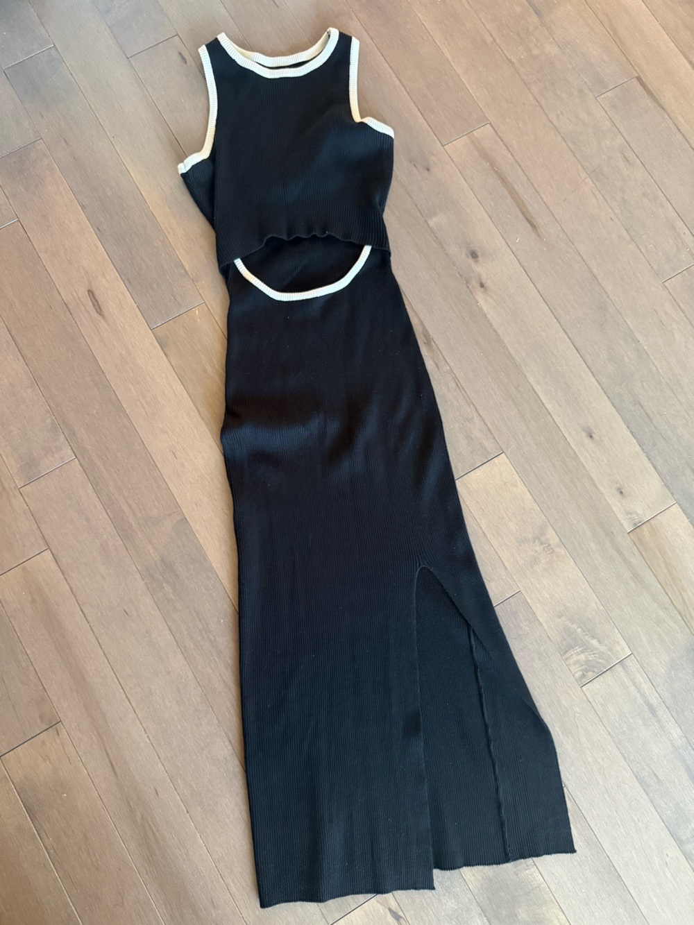 Black Ribbed Knit Sleeveless Dress with White Trim